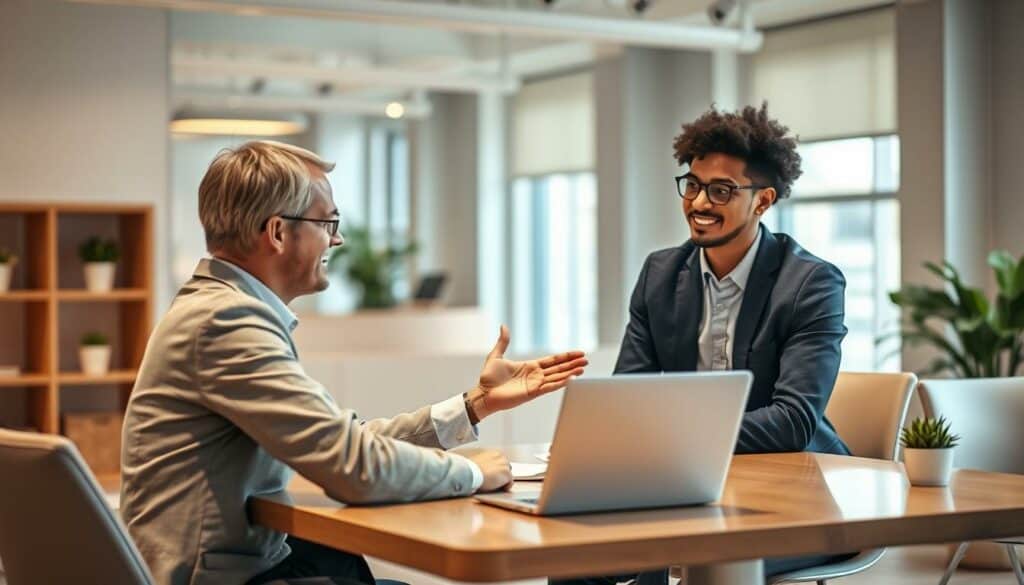A well-lit, modern office interior with a professional business consultant sitting at a desk, providing advice and guidance on funding opportunities to a young entrepreneur. The consultant gestures expressively, highlighting key information on a laptop screen, while the entrepreneur listens intently, ready to explore the various government and private funding options available to support their business growth. Warm, neutral tones create a welcoming, collaborative atmosphere, with clean lines and minimalist decor emphasizing the focus on the consultative process. A well-lit, modern office interior with a professional business consultant sitting at a desk, providing advice and guidance on funding opportunities to a young entrepreneur. The consultant gestures expressively, highlighting key information on a laptop screen, while the entrepreneur listens intently, ready to explore the various government and private funding options available to support their business growth. Warm, neutral tones create a welcoming, collaborative atmosphere, with clean lines and minimalist decor emphasizing the focus on the consultative process.
