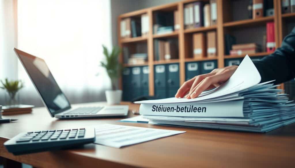 A well-lit office interior with a clean, modern desk setup. On the desk, a laptop, a calculator, and a neat stack of documents labeled "Steuern berechnen". In the foreground, a pair of professional hands carefully examining the documents. The background features bookshelves and filing cabinets, conveying an atmosphere of organized financial management. Warm, indirect lighting casts a subtle glow, creating a sense of focus and attention to detail. The overall scene suggests a methodical, diligent approach to calculating taxes and business-related financial obligations.