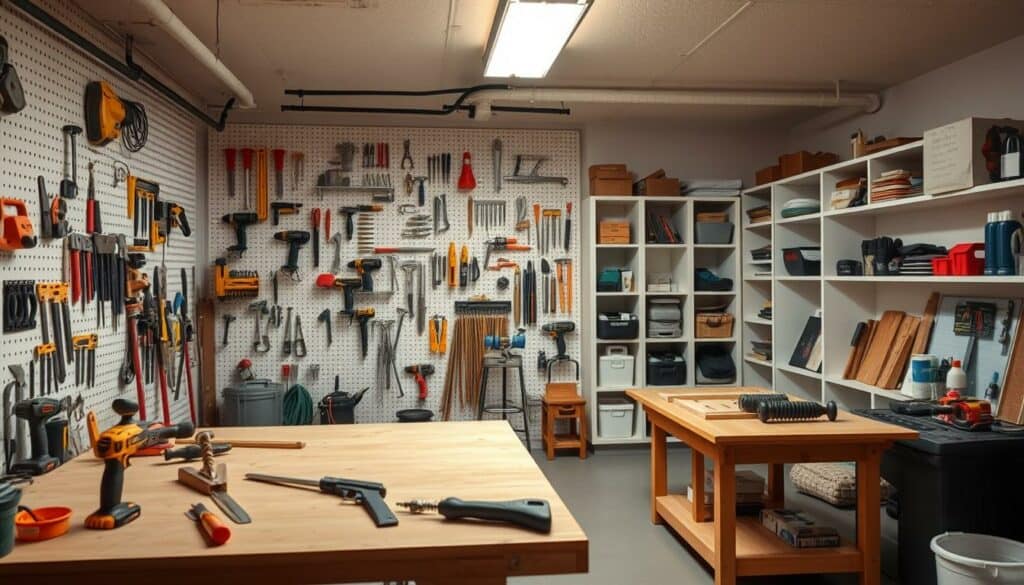 A well-lit, spacious basement workshop with a focus on practical DIY projects. In the foreground, a carpenter's workbench with various tools and materials, illuminated by a warm overhead light. The middle ground features a pegboard wall displaying an organized array of hardware and power tools. In the background, built-in shelving units hold an assortment of project supplies and materials. The atmosphere is one of productive efficiency, with a sense of functionality and attention to detail. Bright, clean lighting casts a welcoming glow throughout the space, creating an inviting environment for a step-by-step basement renovation project.