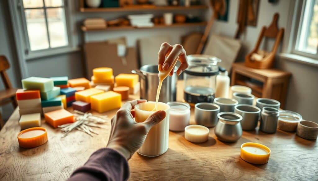 A well-lit studio setting with a wooden table or workbench as the focal point. On the table, an array of candle-making supplies are neatly arranged: an assortment of colorful wax blocks, a double boiler, a selection of wicks, and various molds in different shapes and sizes. In the foreground, a person's hands are gently pouring the molten wax into a mold, creating a unique, handcrafted candle. The lighting is warm and natural, casting a soft glow across the scene. The background is slightly blurred, suggesting a cozy, homely atmosphere, perfect for a DIY candle-making tutorial. A well-lit studio setting with a wooden table or workbench as the focal point. On the table, an array of candle-making supplies are neatly arranged: an assortment of colorful wax blocks, a double boiler, a selection of wicks, and various molds in different shapes and sizes. In the foreground, a person's hands are gently pouring the molten wax into a mold, creating a unique, handcrafted candle. The lighting is warm and natural, casting a soft glow across the scene. The background is slightly blurred, suggesting a cozy, homely atmosphere, perfect for a DIY candle-making tutorial.