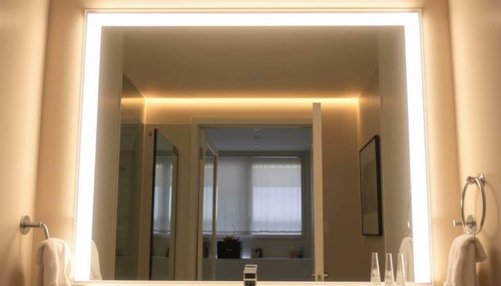 A well-lit vanity mirror reflecting a modern, well-appointed bathroom. The mirror's frame is illuminated by a sleek LED strip that casts a warm, ambient glow, accentuating the mirror's clean lines and creating a soft, inviting atmosphere. The LED lighting is seamlessly integrated, creating a polished, high-end look that complements the bathroom's decor. The image showcases the elegant and practical nature of this DIY LED mirror project, highlighting its ability to transform a utilitarian space into a luxurious, spa-like retreat. A well-lit vanity mirror reflecting a modern, well-appointed bathroom. The mirror's frame is illuminated by a sleek LED strip that casts a warm, ambient glow, accentuating the mirror's clean lines and creating a soft, inviting atmosphere. The LED lighting is seamlessly integrated, creating a polished, high-end look that complements the bathroom's decor. The image showcases the elegant and practical nature of this DIY LED mirror project, highlighting its ability to transform a utilitarian space into a luxurious, spa-like retreat.