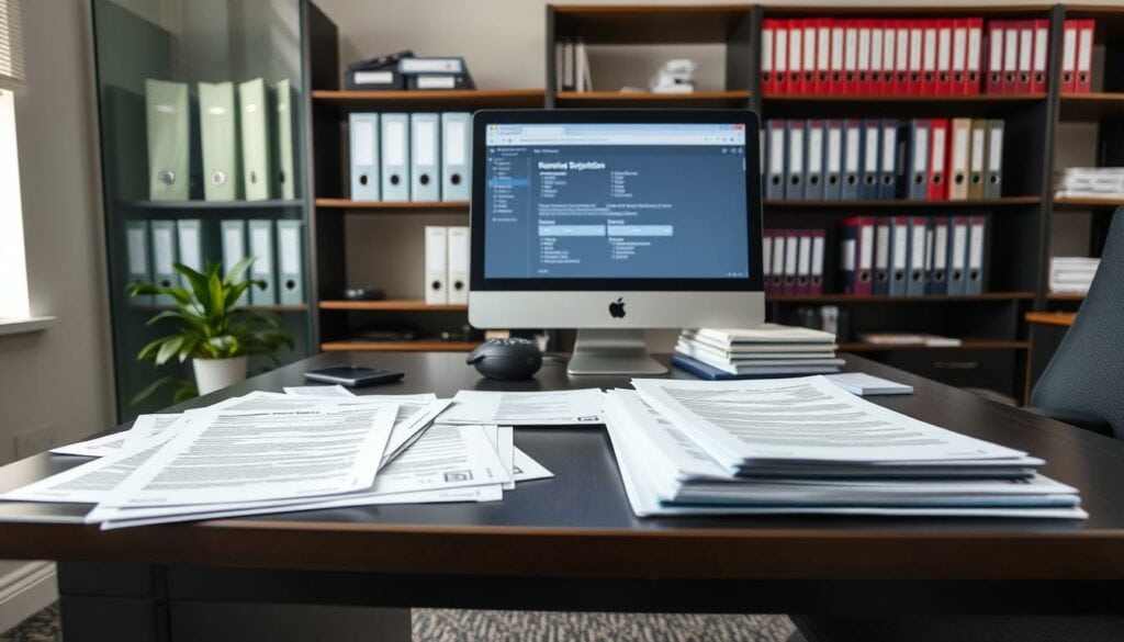 A well-lit, wide-angle photograph of a neatly organized desk in a modern office. On the desk, an assortment of business documents, stamped forms, and a computer monitor displaying an online government portal for business registration. In the background, a bookshelf filled with regulatory manuals and binders. The overall atmosphere conveys a sense of professionalism, efficiency, and compliance as the entrepreneur navigates the official administrative processes required to establish their new venture.
