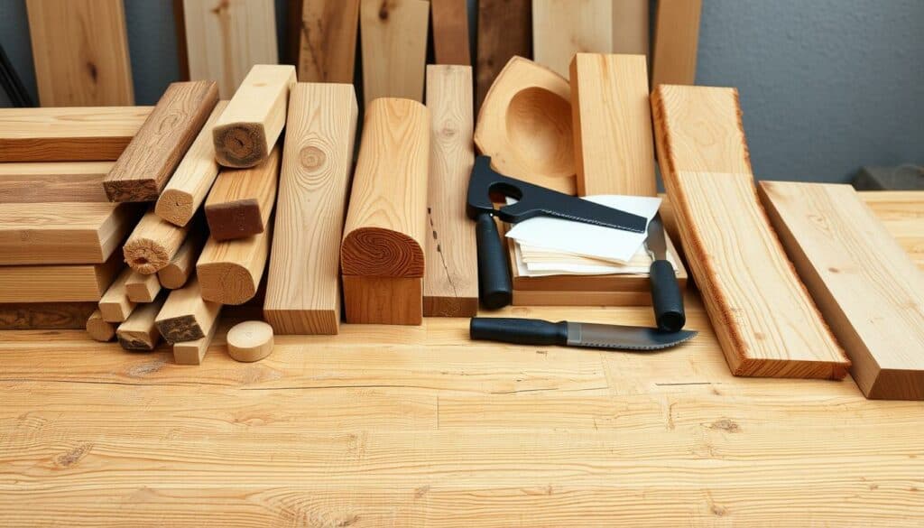 A well-lit wooden table displays an assortment of natural timber pieces, each with distinct grains, knots, and textures. The foreground showcases a variety of softwoods and hardwoods, including pine, oak, and cedar, neatly arranged for close inspection. In the middle ground, a set of carpentry tools, such as a hand saw, chisel, and sandpaper, are placed alongside the wood samples, suggesting the process of selecting and preparing the materials for a birdhouse project. The background features a neutral, slightly blurred environment, allowing the focus to remain on the carefully curated selection of woodworking components. The overall scene conveys a sense of craftsmanship, attention to detail, and the thoughtful consideration of the appropriate materials for a homemade birdhouse. A well-lit wooden table displays an assortment of natural timber pieces, each with distinct grains, knots, and textures. The foreground showcases a variety of softwoods and hardwoods, including pine, oak, and cedar, neatly arranged for close inspection. In the middle ground, a set of carpentry tools, such as a hand saw, chisel, and sandpaper, are placed alongside the wood samples, suggesting the process of selecting and preparing the materials for a birdhouse project. The background features a neutral, slightly blurred environment, allowing the focus to remain on the carefully curated selection of woodworking components. The overall scene conveys a sense of craftsmanship, attention to detail, and the thoughtful consideration of the appropriate materials for a homemade birdhouse.