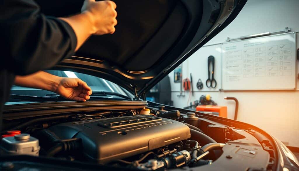 A well-lit workshop interior, showcasing a mechanic performing routine maintenance on a car engine. The foreground features the technician's hands carefully inspecting various engine components, while the middle ground captures the engine bay in detail, with tools and equipment neatly arranged. In the background, a wall-mounted whiteboard displays diagrams and checklists, creating a sense of professionalism and organization. Soft, warm lighting casts a subtle glow, enhancing the technical details and conveying a sense of expertise and care. The overall atmosphere exudes efficiency, attention to detail, and a commitment to vehicle optimization. A well-lit workshop interior, showcasing a mechanic performing routine maintenance on a car engine. The foreground features the technician's hands carefully inspecting various engine components, while the middle ground captures the engine bay in detail, with tools and equipment neatly arranged. In the background, a wall-mounted whiteboard displays diagrams and checklists, creating a sense of professionalism and organization. Soft, warm lighting casts a subtle glow, enhancing the technical details and conveying a sense of expertise and care. The overall atmosphere exudes efficiency, attention to detail, and a commitment to vehicle optimization.