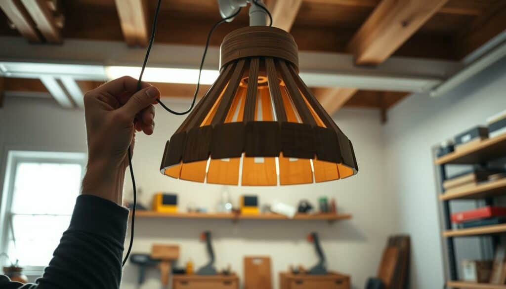 A well-lit workshop interior, showcasing the installation of a DIY wooden ceiling lamp. In the foreground, a pair of hands carefully connecting electrical wires to the light fixture's base, with spools of wire and a screwdriver nearby. In the middle ground, the wooden lampshade frame stands ready, its intricate design casting a warm, inviting glow. The background features shelves lined with various tools and supplies, hinting at the DIY nature of the project. The scene is captured in realistic, high-resolution 4K photographic quality, conveying a sense of focus, precision, and the satisfaction of hands-on home improvement. A well-lit workshop interior, showcasing the installation of a DIY wooden ceiling lamp. In the foreground, a pair of hands carefully connecting electrical wires to the light fixture's base, with spools of wire and a screwdriver nearby. In the middle ground, the wooden lampshade frame stands ready, its intricate design casting a warm, inviting glow. The background features shelves lined with various tools and supplies, hinting at the DIY nature of the project. The scene is captured in realistic, high-resolution 4K photographic quality, conveying a sense of focus, precision, and the satisfaction of hands-on home improvement.