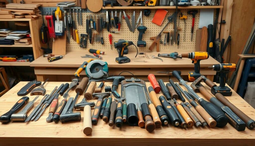 A well-lit workshop scene featuring an assortment of carpentry tools arranged neatly on a wooden workbench. In the foreground, a collection of hand tools such as saws, hammers, chisels, and screwdrivers are carefully displayed. In the middle ground, power tools like a jigsaw, orbital sander, and cordless drill stand ready for use. The background showcases a variety of clamps, sandpaper, and other essential items for woodworking projects. The overall atmosphere conveys a sense of organization, preparedness, and the craftsmanship required to build a sturdy, functional sitting bench. A well-lit workshop scene featuring an assortment of carpentry tools arranged neatly on a wooden workbench. In the foreground, a collection of hand tools such as saws, hammers, chisels, and screwdrivers are carefully displayed. In the middle ground, power tools like a jigsaw, orbital sander, and cordless drill stand ready for use. The background showcases a variety of clamps, sandpaper, and other essential items for woodworking projects. The overall atmosphere conveys a sense of organization, preparedness, and the craftsmanship required to build a sturdy, functional sitting bench.