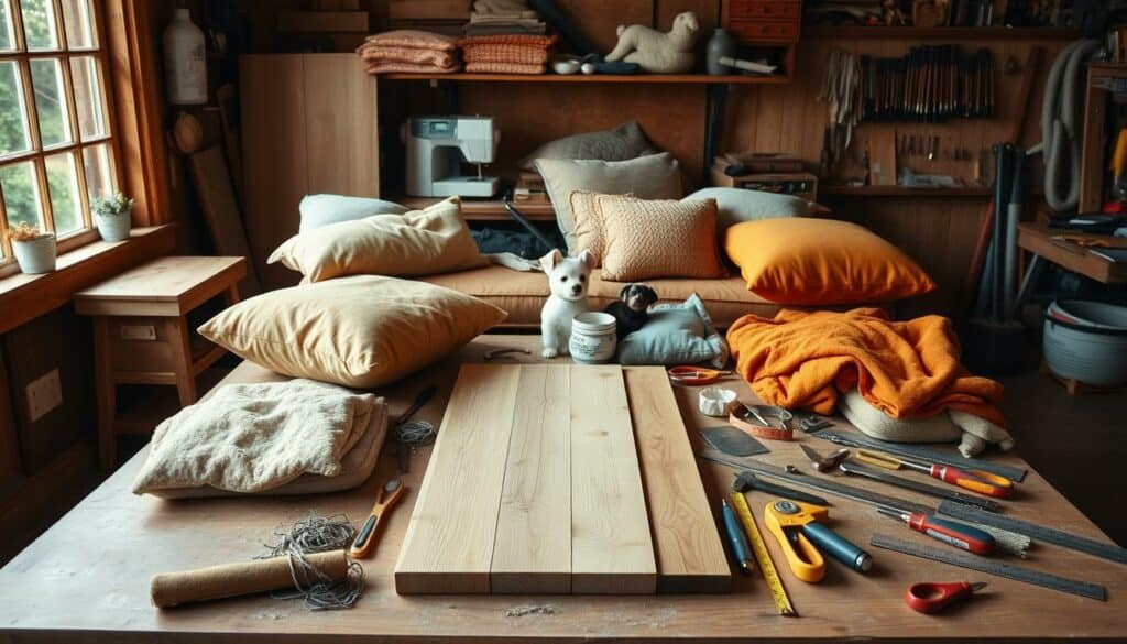 A well-lit workshop table displaying an assortment of DIY dog bed materials - soft, plush fabrics in earthy tones, sturdy wooden planks, thick cushions, sewing supplies, and a variety of tools like hammers, screwdrivers, and measuring tapes. The scene conveys a cozy, rustic atmosphere, with natural lighting from a large window casting a warm glow over the scene. The arrangement suggests the process of crafting a handmade, customized dog bed, ready to be assembled with care and attention to detail. A well-lit workshop table displaying an assortment of DIY dog bed materials - soft, plush fabrics in earthy tones, sturdy wooden planks, thick cushions, sewing supplies, and a variety of tools like hammers, screwdrivers, and measuring tapes. The scene conveys a cozy, rustic atmosphere, with natural lighting from a large window casting a warm glow over the scene. The arrangement suggests the process of crafting a handmade, customized dog bed, ready to be assembled with care and attention to detail.