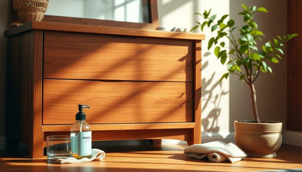A well-maintained wood dresser stands in a warm, inviting room. Soft, natural lighting cascades over the smooth, honey-toned surface, accentuating the grain and subtle curves. Nearby, a bottle of polish and a soft cloth wait, ready to nourish and protect the wood's luster. In the background, a plant's verdant leaves add a touch of life, complementing the dresser's organic elegance. This realistic, high-resolution 4K photography captures the careful, mindful care required to preserve the beauty and longevity of a DIY wood furniture piece. A well-maintained wood dresser stands in a warm, inviting room. Soft, natural lighting cascades over the smooth, honey-toned surface, accentuating the grain and subtle curves. Nearby, a bottle of polish and a soft cloth wait, ready to nourish and protect the wood's luster. In the background, a plant's verdant leaves add a touch of life, complementing the dresser's organic elegance. This realistic, high-resolution 4K photography captures the careful, mindful care required to preserve the beauty and longevity of a DIY wood furniture piece.