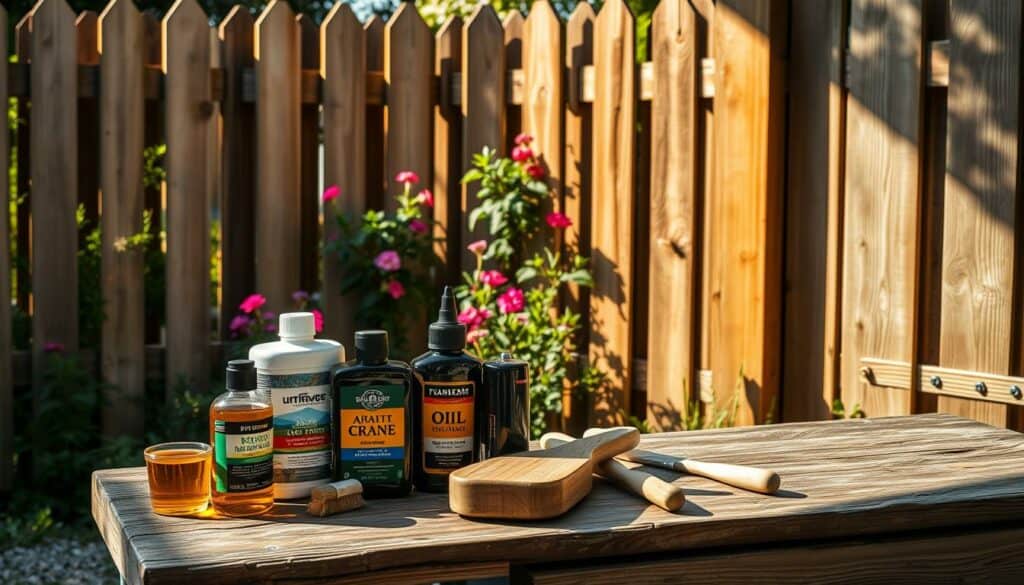 A well-maintained wooden fence, its weathered boards gleaming in the warm afternoon sunlight. In the foreground, a selection of wood care products - oils, sealants, and brushes - neatly arranged on a rustic workbench. Behind, the fence stretches into the distance, framing a lush garden with vibrant flowers and verdant foliage. Soft shadows play across the scene, lending a sense of depth and tranquility. The composition exudes a feeling of quiet diligence, inviting the viewer to imagine the gentle care and attention required to preserve the natural beauty of this handcrafted wooden boundary. A well-maintained wooden fence, its weathered boards gleaming in the warm afternoon sunlight. In the foreground, a selection of wood care products - oils, sealants, and brushes - neatly arranged on a rustic workbench. Behind, the fence stretches into the distance, framing a lush garden with vibrant flowers and verdant foliage. Soft shadows play across the scene, lending a sense of depth and tranquility. The composition exudes a feeling of quiet diligence, inviting the viewer to imagine the gentle care and attention required to preserve the natural beauty of this handcrafted wooden boundary.