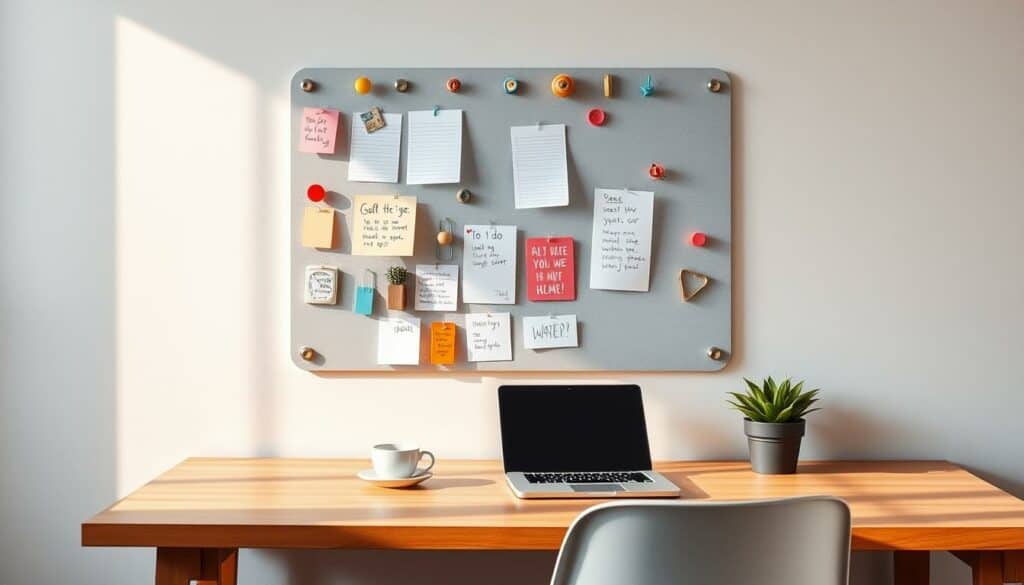 A well-organized, neatly arranged magnetic board in a modern, minimalist home office. The board is mounted on a light gray wall, casting soft shadows. Various colorful magnets hold up handwritten notes, to-do lists, and inspirational quotes. A laptop, a cup of coffee, and a potted plant sit on the adjacent desk, creating a cozy, productive atmosphere. The lighting is warm and natural, accentuating the textures of the wooden desk and the matte finish of the magnetic board. The scene conveys a sense of organization, creativity, and mindfulness in daily life. A well-organized, neatly arranged magnetic board in a modern, minimalist home office. The board is mounted on a light gray wall, casting soft shadows. Various colorful magnets hold up handwritten notes, to-do lists, and inspirational quotes. A laptop, a cup of coffee, and a potted plant sit on the adjacent desk, creating a cozy, productive atmosphere. The lighting is warm and natural, accentuating the textures of the wooden desk and the matte finish of the magnetic board. The scene conveys a sense of organization, creativity, and mindfulness in daily life.