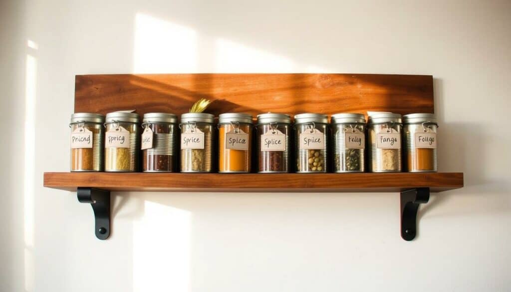 A well-organized spice rack made from upcycled metal cans, neatly arranged on a rustic wooden shelf. The cans are labeled with hand-written tags, each containing a different spice. Shafts of warm, golden light filter through the window, casting a soft glow across the arrangement. In the background, a simple white wall provides a clean, minimalist backdrop, allowing the spice rack to take center stage. The overall composition conveys a sense of practicality, efficiency, and a touch of homemade charm, perfectly reflecting the "Practical Tips for Optimal Spice Rack Usage" section of the article. A well-organized spice rack made from upcycled metal cans, neatly arranged on a rustic wooden shelf. The cans are labeled with hand-written tags, each containing a different spice. Shafts of warm, golden light filter through the window, casting a soft glow across the arrangement. In the background, a simple white wall provides a clean, minimalist backdrop, allowing the spice rack to take center stage. The overall composition conveys a sense of practicality, efficiency, and a touch of homemade charm, perfectly reflecting the "Practical Tips for Optimal Spice Rack Usage" section of the article.