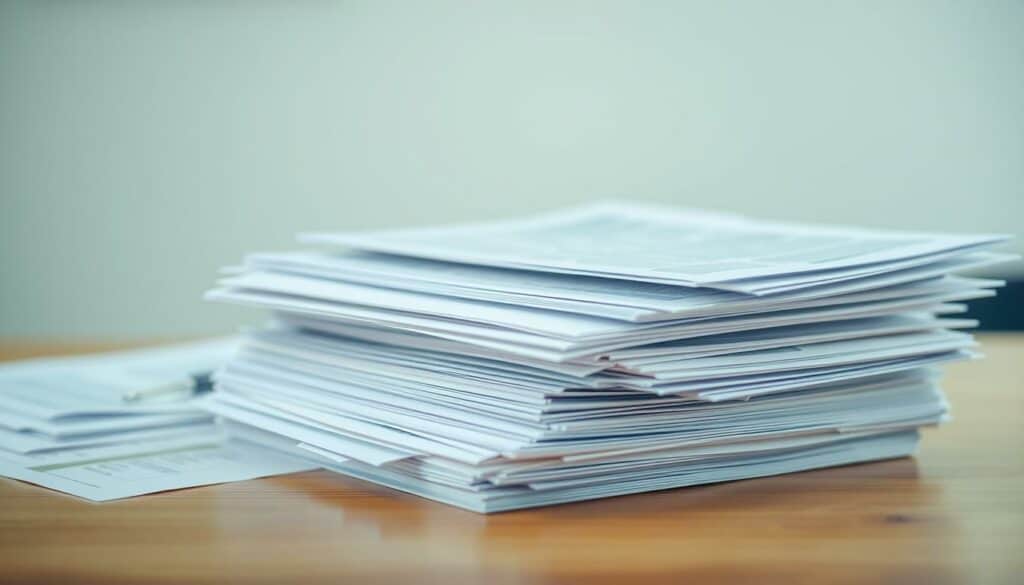 A well-organized stack of business documents and forms, including application forms, tax records, and other official paperwork, neatly arranged on a wooden desk. Soft, even lighting illuminates the scene, casting gentle shadows and highlighting the textures of the paper. The background is slightly blurred, placing the focus on the important documents in the foreground. The overall atmosphere is one of organization, professionalism, and attention to detail - reflecting the care and preparation required for a proper business deregistration.