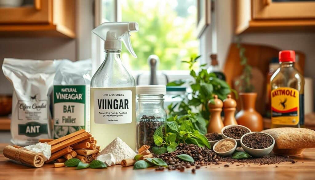 A well-stocked kitchen counter, adorned with a variety of common household items arranged neatly. In the foreground, an array of natural remedies against ants, such as cinnamon sticks, chalk, and boric acid powder, sit alongside a spray bottle filled with a homemade vinegar solution. The mid-ground features a variety of herbs and spices, including mint, bay leaves, and coffee grounds, which are known to repel ants. In the background, an open window lets in natural light, casting a warm, earthy glow over the scene, conveying a sense of practicality and eco-friendly solutions for controlling household pests. A well-stocked kitchen counter, adorned with a variety of common household items arranged neatly. In the foreground, an array of natural remedies against ants, such as cinnamon sticks, chalk, and boric acid powder, sit alongside a spray bottle filled with a homemade vinegar solution. The mid-ground features a variety of herbs and spices, including mint, bay leaves, and coffee grounds, which are known to repel ants. In the background, an open window lets in natural light, casting a warm, earthy glow over the scene, conveying a sense of practicality and eco-friendly solutions for controlling household pests.