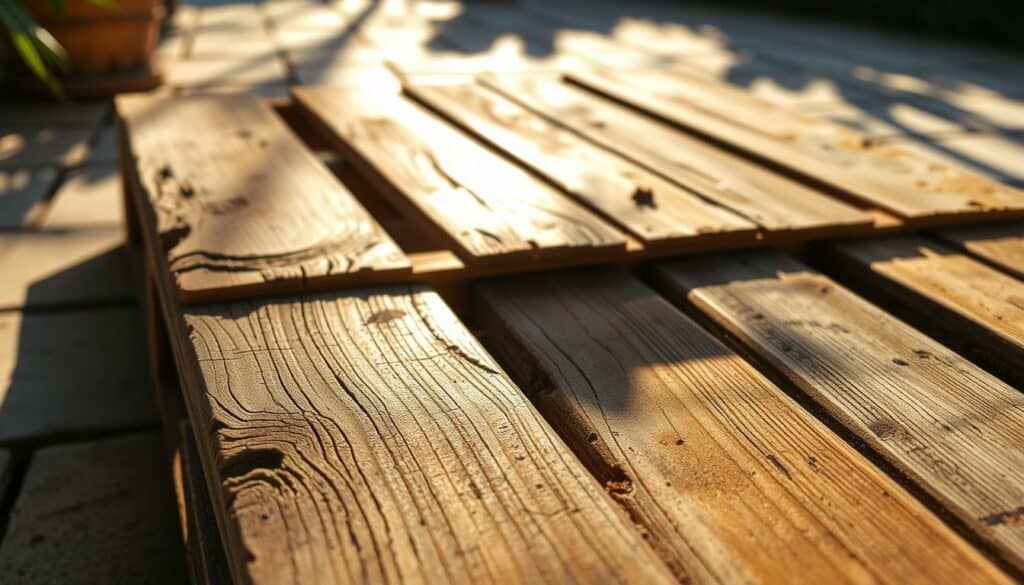 A well-worn wooden palette sits on a sun-dappled patio, its surface scuffed and faded. Gentle rays of warm light illuminate the rough, weathered texture, casting soft shadows that accentuate the palette's rugged character. In the foreground, a detail shot captures the intricate patterns of the wood grain, hinting at the palette's history and the stories it could tell. The background is blurred, allowing the viewer to focus on the tactile, earthy qualities of the palette, which seems poised to undergo a transformation, ready to be sanded, polished, and prepared for its next chapter as part of a handcrafted outdoor bar. A well-worn wooden palette sits on a sun-dappled patio, its surface scuffed and faded. Gentle rays of warm light illuminate the rough, weathered texture, casting soft shadows that accentuate the palette's rugged character. In the foreground, a detail shot captures the intricate patterns of the wood grain, hinting at the palette's history and the stories it could tell. The background is blurred, allowing the viewer to focus on the tactile, earthy qualities of the palette, which seems poised to undergo a transformation, ready to be sanded, polished, and prepared for its next chapter as part of a handcrafted outdoor bar.