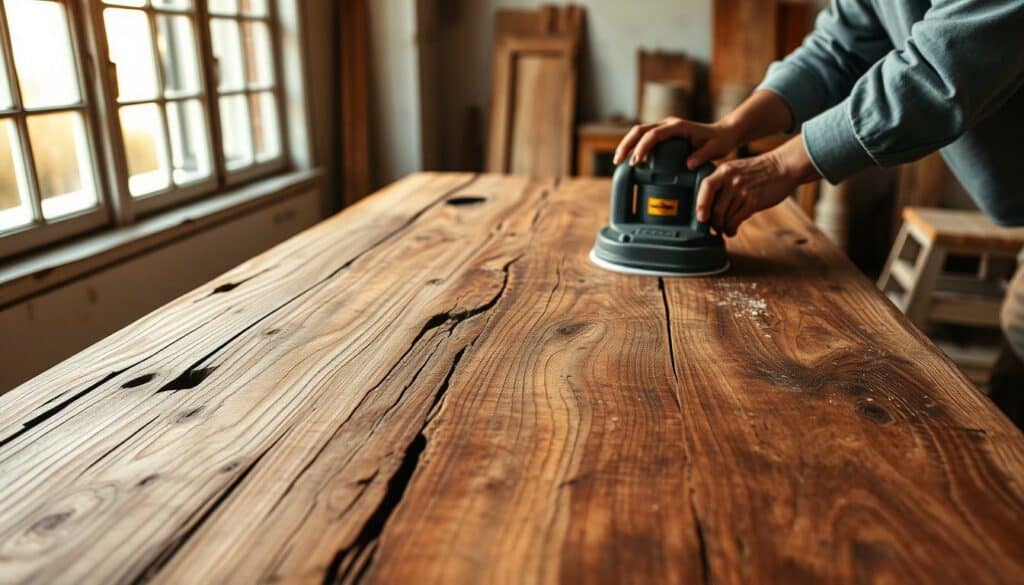 A well-worn wooden surface, rich with the character of its history, is meticulously sanded and refinished. Warm light from a large window casts a soft glow, highlighting the natural grains and subtle textures of the reclaimed timber. The image captures the process of transforming an aged, weathered material into a visually striking, tactile centerpiece - a practical yet aesthetically pleasing element for a upcycled home decor project. Realistic, high-resolution 4K photography showcases the artful craftsmanship, attention to detail, and the satisfying transformation of a humble, discarded resource.