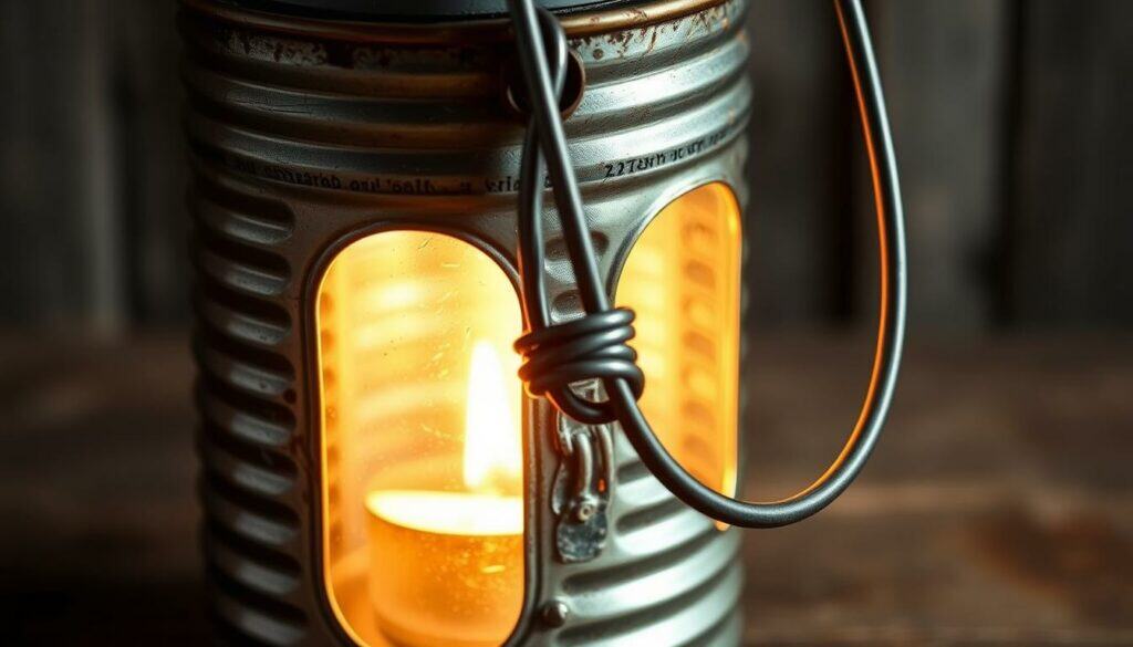 A whimsical and rustic scene of a handmade lantern, its sturdy metal handle taking center stage. The lantern is fashioned from a repurposed tin can, its weathered surface bearing the marks of creative craftsmanship. Warm, soft lighting emanates from within, casting a cozy glow and creating a inviting ambiance. The handle, forged from bent wire, is attached securely to the lantern's body, ready to be lifted and carried. Textural details such as the can's ridges and the rough-hewn wire are highlighted by dramatic shadows and highlights, conveying a sense of rustic charm. The overall composition is balanced and visually appealing, perfectly capturing the essence of this simple, yet beautiful DIY lantern.