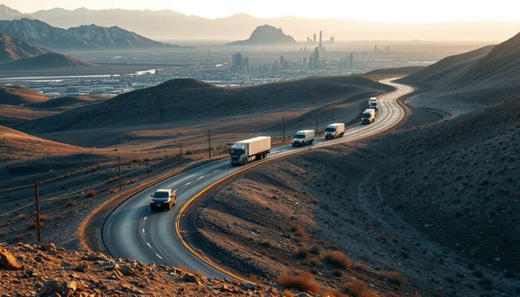 A winding road cutting through a stark, barren landscape, dotted with autonomous vehicles navigating through the challenges of unpredictable weather conditions, complex urban environments, and potential technological failures. In the foreground, a lone self-driving car cautiously navigates a treacherous mountain pass, its sensors and algorithms working overtime to detect and respond to the hazards ahead. In the middle ground, a fleet of autonomous trucks maneuver through a congested city center, their movements coordinated to optimize traffic flow and minimize accidents. In the background, a sprawling metropolis looms, its skyscrapers and infrastructure testaments to the technological advancements that have enabled the rise of autonomous transportation. The scene is bathed in a warm, golden light, conveying a sense of both progress and the lingering challenges that still must be overcome.