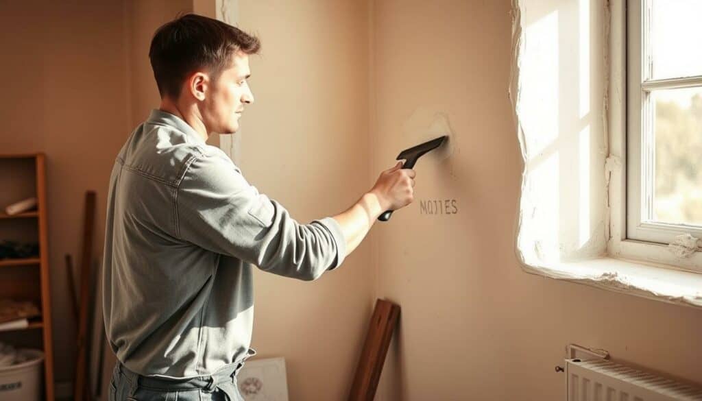 A workman with a trowel in hand, carefully smoothing fresh plaster onto a wall, creating a seamless, even surface. The room is bathed in warm, natural light filtering through a nearby window, casting soft shadows. Tools and materials are neatly organized, hinting at a meticulous, professional approach. The atmosphere is one of quiet focus and attention to detail, capturing the essence of an experienced plasterer at work. The resulting image should convey the skill and care required to avoid common plastering pitfalls, as described in the article's section title.