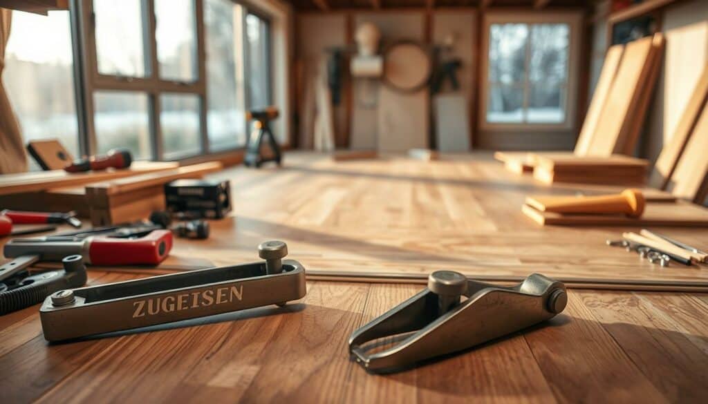 A workshop table with a variety of carpentry tools and hardware neatly arranged. In the foreground, a set of metal tools called "Zugeisen" (pulling irons) lie on the table, ready to be used for the final row of laminate flooring installation. The middle ground shows the unfinished section of the floor, with the last few planks waiting to be laid. The background features a window overlooking a serene outdoor scene, casting warm natural light across the workspace. The overall mood is one of focus and determination, as the final steps of this home renovation project are about to be completed. A workshop table with a variety of carpentry tools and hardware neatly arranged. In the foreground, a set of metal tools called "Zugeisen" (pulling irons) lie on the table, ready to be used for the final row of laminate flooring installation. The middle ground shows the unfinished section of the floor, with the last few planks waiting to be laid. The background features a window overlooking a serene outdoor scene, casting warm natural light across the workspace. The overall mood is one of focus and determination, as the final steps of this home renovation project are about to be completed.