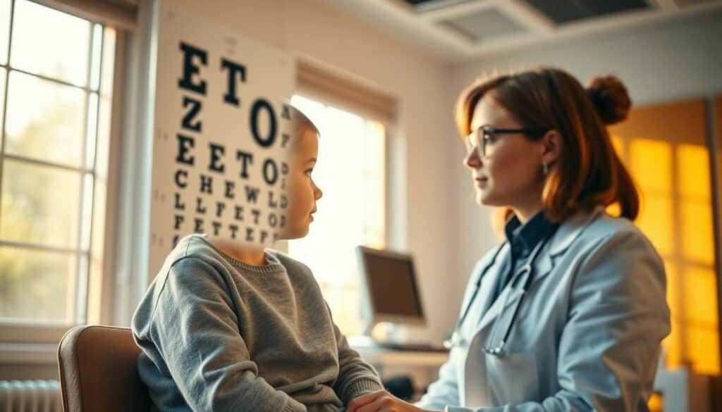 A young child sitting in an eye examination room, intently focused on the Snellen eye chart on the wall. The room is brightly lit with warm, natural lighting filtering in through large windows, creating a calming, reassuring atmosphere. The child's expression is one of curiosity and concentration, as they carefully try to discern the letters or shapes on the chart. The doctor or optometrist stands nearby, guiding the child through the test with a gentle, patient demeanor. The scene conveys the importance of early eye health assessments for children, promoting their wellbeing and development. A young child sitting in an eye examination room, intently focused on the Snellen eye chart on the wall. The room is brightly lit with warm, natural lighting filtering in through large windows, creating a calming, reassuring atmosphere. The child's expression is one of curiosity and concentration, as they carefully try to discern the letters or shapes on the chart. The doctor or optometrist stands nearby, guiding the child through the test with a gentle, patient demeanor. The scene conveys the importance of early eye health assessments for children, promoting their wellbeing and development.