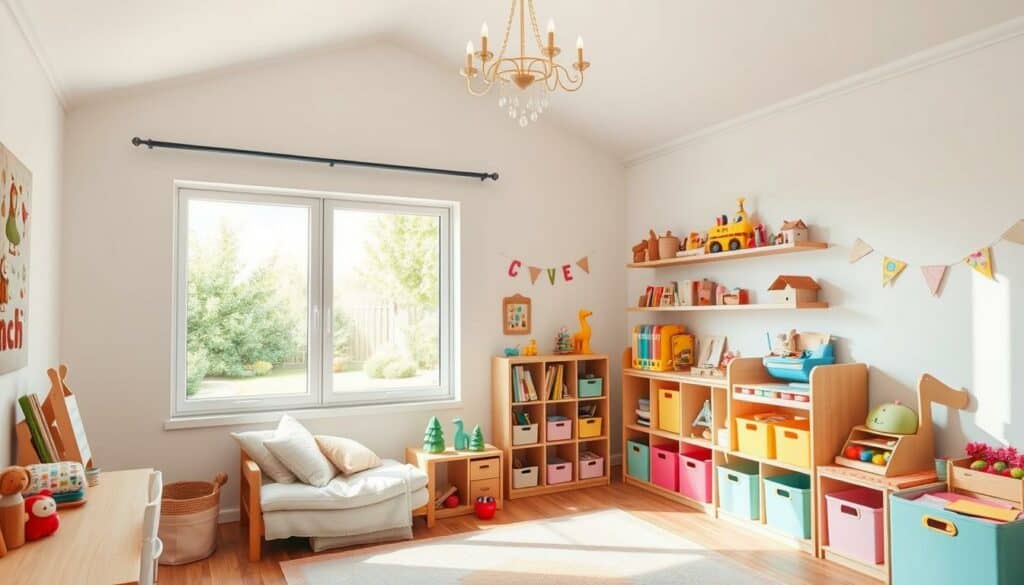 An airy, light-filled children's bedroom with a playful, whimsical atmosphere. The room features a large window overlooking a sunny garden, flooding the space with natural light. Soft pastel hues adorn the walls, complemented by natural wood furniture and accents. A cozy reading nook with plush pillows and a small bookshelf sits in the corner. Bright, colorful toys and educational materials are neatly organized on shelves and in bins, creating a stimulating yet tidy environment. Overhead, a delicate mobile or chandelier casts a gentle glow. The overall impression is one of calm, creativity, and the joy of childhood. An airy, light-filled children's bedroom with a playful, whimsical atmosphere. The room features a large window overlooking a sunny garden, flooding the space with natural light. Soft pastel hues adorn the walls, complemented by natural wood furniture and accents. A cozy reading nook with plush pillows and a small bookshelf sits in the corner. Bright, colorful toys and educational materials are neatly organized on shelves and in bins, creating a stimulating yet tidy environment. Overhead, a delicate mobile or chandelier casts a gentle glow. The overall impression is one of calm, creativity, and the joy of childhood.