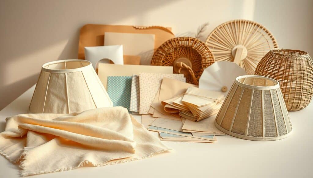 An arrangement of various lampshade materials laid out on a clean, minimalist table. In the foreground, a selection of fabric swatches in neutral tones, soft textures, and geometric patterns. Slightly behind, an assortment of different papers - handcrafted, patterned, and translucent - neatly displayed. In the background, a collection of natural materials like bamboo, rattan, and wicker, showcasing their organic forms and intricate weaves. Warm, indirect lighting casts a gentle glow across the scene, highlighting the diverse textures and materials. The overall composition conveys a sense of thoughtful curation, inspiring the viewer to consider the creative possibilities of crafting their own unique lampshade. An arrangement of various lampshade materials laid out on a clean, minimalist table. In the foreground, a selection of fabric swatches in neutral tones, soft textures, and geometric patterns. Slightly behind, an assortment of different papers - handcrafted, patterned, and translucent - neatly displayed. In the background, a collection of natural materials like bamboo, rattan, and wicker, showcasing their organic forms and intricate weaves. Warm, indirect lighting casts a gentle glow across the scene, highlighting the diverse textures and materials. The overall composition conveys a sense of thoughtful curation, inspiring the viewer to consider the creative possibilities of crafting their own unique lampshade.