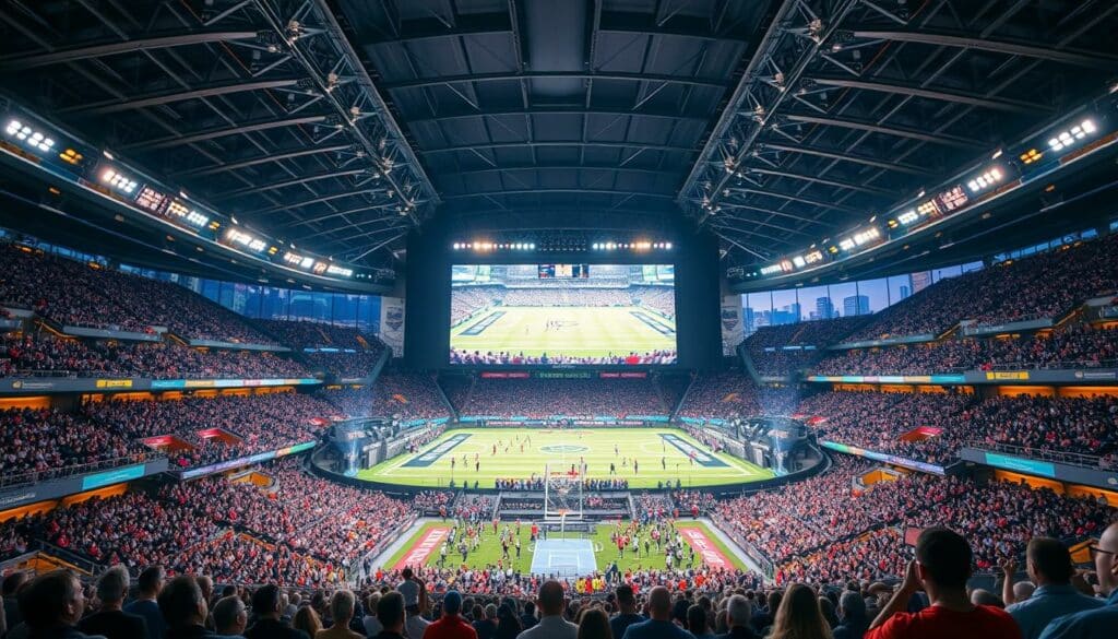 An expansive sports stadium with a massive high-definition screen dominating the center, showcasing a variety of live sporting events and broadcasts. The audience is captivated, their eyes glued to the screen as they experience the thrill of the action. Sleek, futuristic architecture in shades of glass and steel surrounds the stadium, reflecting the cutting-edge technology that powers the immersive live-TV streaming experience. Vibrant lighting illuminates the scene, casting a warm, energetic glow across the spectators. In the background, a bustling city skyline with towering skyscrapers and futuristic transit systems hints at the broader technological advancements transforming the landscape of sports entertainment and media consumption in the year 2025.