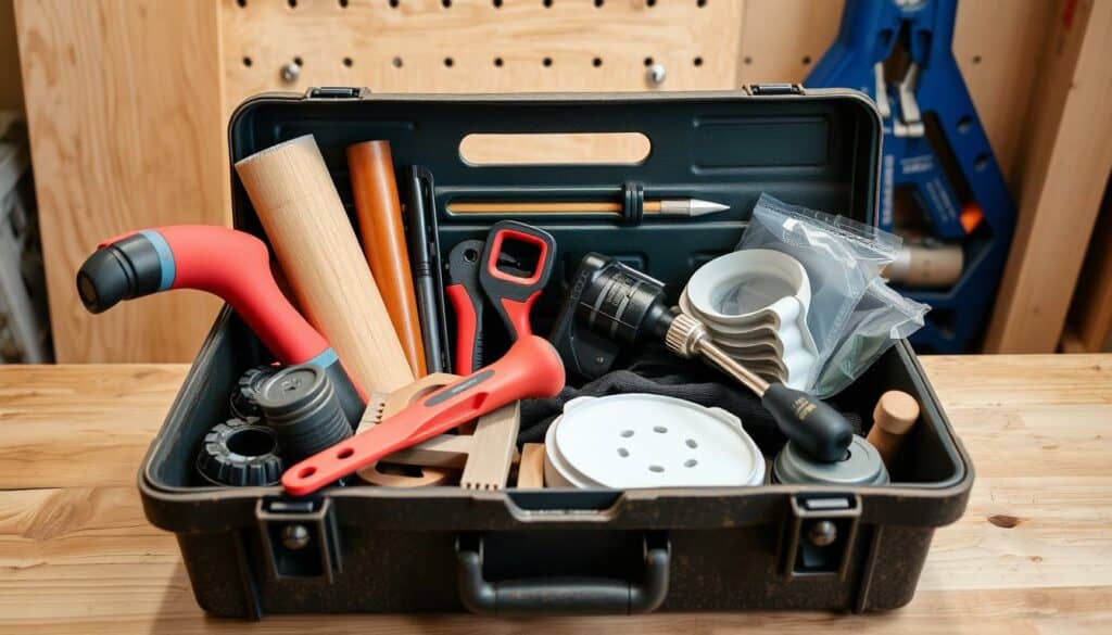 Bild eines Werkzeugkastens mit verschiedenen Werkzeugen und Materialien für den Bau eines Bücherregals