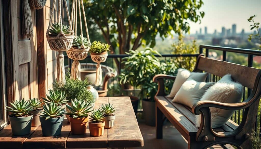 Cozy DIY balcony decor: a rustic wooden table with potted succulents, a hanging macramé plant holder, and a weathered garden bench adorned with plush cushions. The scene is bathed in warm, natural light, casting soft shadows and highlighting the textural details. In the background, lush greenery and a hint of the city skyline create a serene, tranquil atmosphere. The overall aesthetic is a harmonious blend of organic materials and homemade charm, reflecting a personal, inviting style.