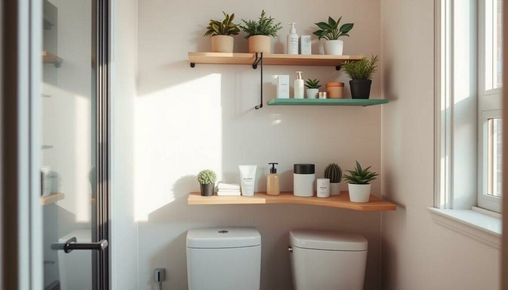 Cozy and compact DIY storage solutions for a mini bathroom, showcasing a stylish wall-mounted shelving unit with floating shelves, holding neatly organized bathroom essentials. The shelves are adorned with potted plants, small decorative items, and carefully curated toiletries. The room is bathed in warm, natural light, with a bright, airy atmosphere. The camera angle is slightly elevated, capturing the entire storage unit and a glimpse of the clean, minimalist bathroom tiles. The overall aesthetic is modern, functional, and space-saving, perfectly suited for a cramped bathroom interior. Cozy and compact DIY storage solutions for a mini bathroom, showcasing a stylish wall-mounted shelving unit with floating shelves, holding neatly organized bathroom essentials. The shelves are adorned with potted plants, small decorative items, and carefully curated toiletries. The room is bathed in warm, natural light, with a bright, airy atmosphere. The camera angle is slightly elevated, capturing the entire storage unit and a glimpse of the clean, minimalist bathroom tiles. The overall aesthetic is modern, functional, and space-saving, perfectly suited for a cramped bathroom interior.