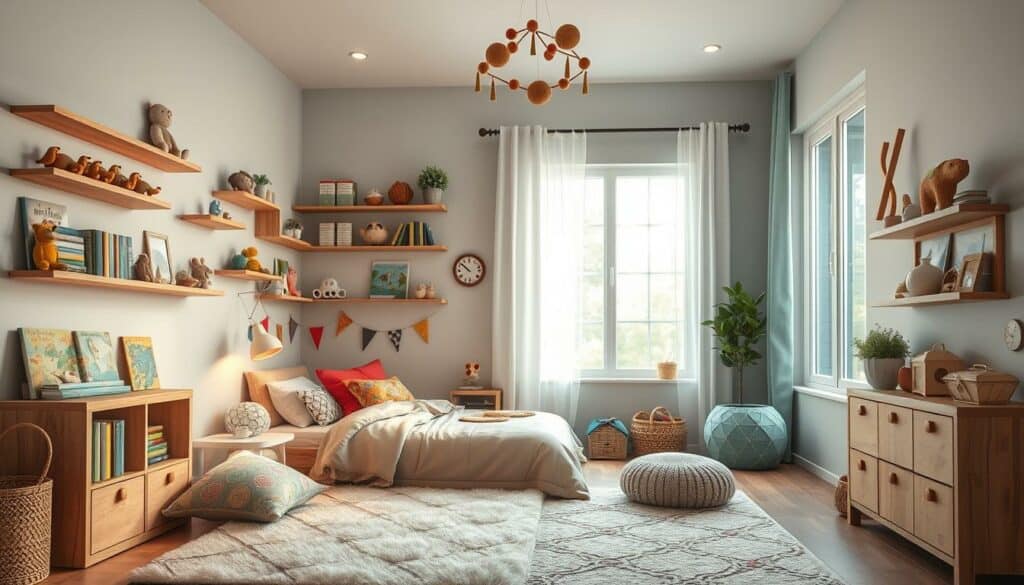 Cozy children's bedroom with warm, soft lighting and whimsical DIY accents. Handmade wooden wall shelves showcase colorful storybooks, plush animal figures, and personalized ceramic trinkets. A plush, patterned area rug invites exploration, while a large, floor-to-ceiling window floods the space with natural light. Vibrant, textured throw pillows and a playful mobile overhead create an engaging, imaginative atmosphere for young adventurers. Realistic 4K photographic rendering showcases the individually crafted, high-resolution details of this inviting, custom-designed child's haven. Cozy children's bedroom with warm, soft lighting and whimsical DIY accents. Handmade wooden wall shelves showcase colorful storybooks, plush animal figures, and personalized ceramic trinkets. A plush, patterned area rug invites exploration, while a large, floor-to-ceiling window floods the space with natural light. Vibrant, textured throw pillows and a playful mobile overhead create an engaging, imaginative atmosphere for young adventurers. Realistic 4K photographic rendering showcases the individually crafted, high-resolution details of this inviting, custom-designed child's haven.