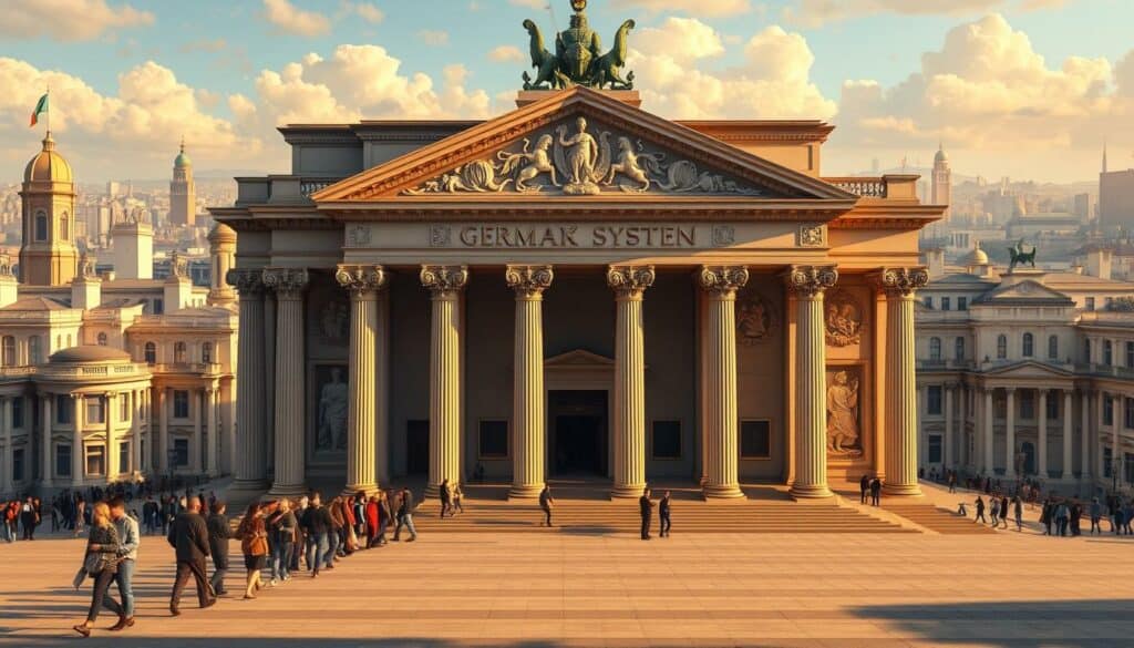 Detailed architectural rendering of the German tax system, depicted as a grand, imposing government building with classical columns and ornate facades. The foreground features an orderly queue of taxpayers entering the main entrance, conveying the organized, bureaucratic nature of the system. The middle ground showcases intricate carvings and reliefs on the building's exterior, representing the complex regulations and procedures. In the background, a cityscape of other government structures creates a sense of scale and authority. The lighting is warm and golden, evoking a sense of formality and tradition. The overall atmosphere is one of formality, rigidity, and institutional power.