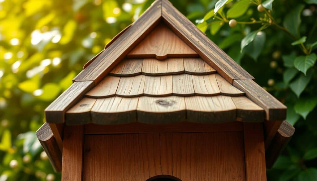 Detailed close-up image of a charming wooden birdhouse rooftop, set against a lush, verdant garden backdrop. The rooftop features a gabled design with intricate, hand-carved wooden shingles in a natural, weathered finish. Delicate, moss-covered details accentuate the rustic, organic aesthetic. Warm, soft lighting filters through the leaves, casting a serene, inviting atmosphere. The overall composition highlights the craftsmanship and homemade charm of the birdhouse, drawing the viewer's attention to the captivating architectural details. Captured through a medium-wide lens with a shallow depth of field, emphasizing the focal point of the rooftop. Detailed close-up image of a charming wooden birdhouse rooftop, set against a lush, verdant garden backdrop. The rooftop features a gabled design with intricate, hand-carved wooden shingles in a natural, weathered finish. Delicate, moss-covered details accentuate the rustic, organic aesthetic. Warm, soft lighting filters through the leaves, casting a serene, inviting atmosphere. The overall composition highlights the craftsmanship and homemade charm of the birdhouse, drawing the viewer's attention to the captivating architectural details. Captured through a medium-wide lens with a shallow depth of field, emphasizing the focal point of the rooftop.