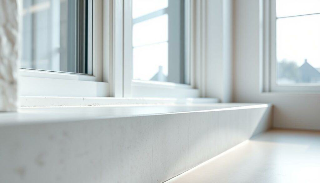 Detailed close-up of a freshly installed concrete window sill, showcasing its smooth, minimalist design and natural texture. The sill is set against a bright, airy backdrop, reflecting ample natural lighting through large windows. The scene is captured with a wide-angle lens, emphasizing the clean, modern aesthetic. Subtle highlights and shadows accentuate the sill's depth and dimensional quality, creating a sense of depth and solidity. The overall mood is one of understated elegance and simplicity, highlighting the beauty of the concrete material. Detailed close-up of a freshly installed concrete window sill, showcasing its smooth, minimalist design and natural texture. The sill is set against a bright, airy backdrop, reflecting ample natural lighting through large windows. The scene is captured with a wide-angle lens, emphasizing the clean, modern aesthetic. Subtle highlights and shadows accentuate the sill's depth and dimensional quality, creating a sense of depth and solidity. The overall mood is one of understated elegance and simplicity, highlighting the beauty of the concrete material.