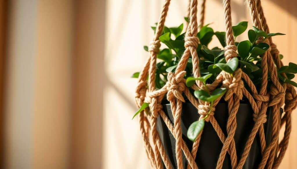 Detailed close-up of a handmade macrame plant hanger, showcasing a complex knot pattern in natural beige and brown tones. The hanger is suspended from thick ropes, creating a rustic, earthy atmosphere. The knots are intricately woven, forming a textured, organic design that complements the lush, verdant potted plant nestled within. Warm, diffused natural lighting illuminates the scene, casting gentle shadows and highlighting the intricate handiwork. The composition emphasizes the artisanal craftsmanship and the harmonious integration of the macrame hanger with the living plant it supports. Detailed close-up of a handmade macrame plant hanger, showcasing a complex knot pattern in natural beige and brown tones. The hanger is suspended from thick ropes, creating a rustic, earthy atmosphere. The knots are intricately woven, forming a textured, organic design that complements the lush, verdant potted plant nestled within. Warm, diffused natural lighting illuminates the scene, casting gentle shadows and highlighting the intricate handiwork. The composition emphasizes the artisanal craftsmanship and the harmonious integration of the macrame hanger with the living plant it supports.