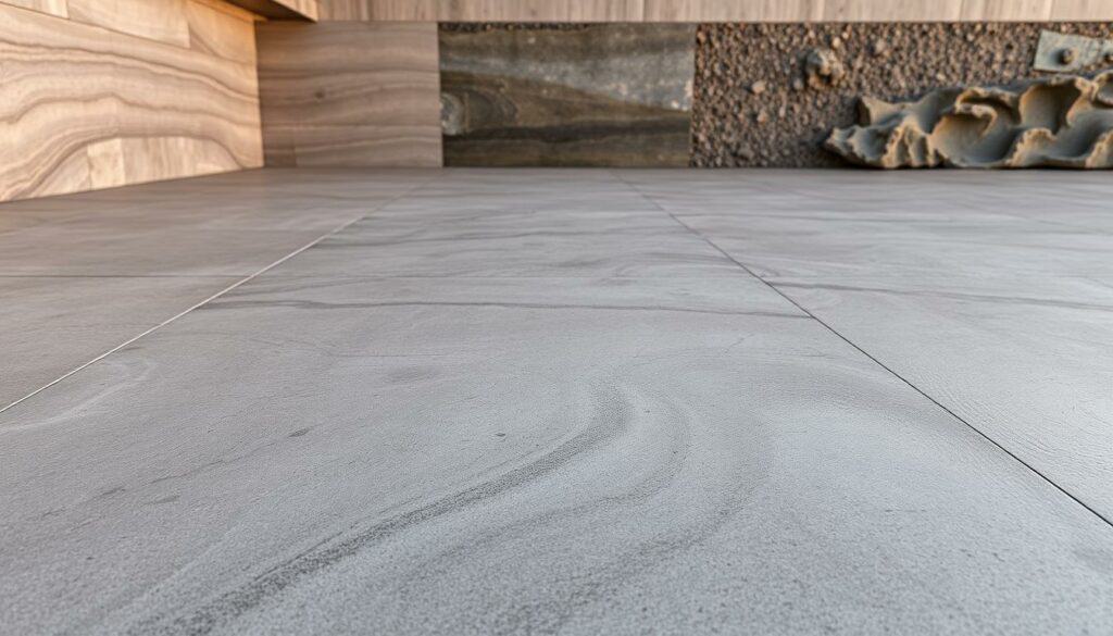 Detailed concrete surface textures and decorative finishes, captured in a high-resolution photograph. A smooth, polished concrete slab in the foreground, showcasing a variety of intricate patterns, swirls, and subtle color variations. Transitioning into a middle ground with a rougher, more rugged concrete surface, featuring exposed aggregate and a mottled, weathered appearance. The background depicts a larger concrete wall or structure, with a variety of surface treatments, from sleek, minimalist planes to organic, sculptural forms. Warm, directional lighting accentuates the depth, shadows, and tonal contrasts of the concrete surfaces. Crisp, high-quality image with a focus on the nuanced textures and unique character of custom-crafted concrete decor.