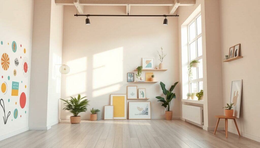 Detailed design tips for DIY wall decor: A photorealistic, high-resolution 4K image showcasing an open, airy room with pastel-colored walls. In the foreground, an assortment of colorful, abstract wall stencils and sticker designs float against the plain backdrop, offering inspiration for personalized home decor. The middle ground features various framed art pieces, hanging plants, and decorative shelves, creating a harmonious, modern aesthetic. The background includes warm, natural lighting from a large window, casting a soft glow and enhancing the inviting atmosphere. The overall mood is one of creativity, simplicity, and a touch of whimsy, guiding the viewer towards fresh, design-forward ideas for customizing their living space.