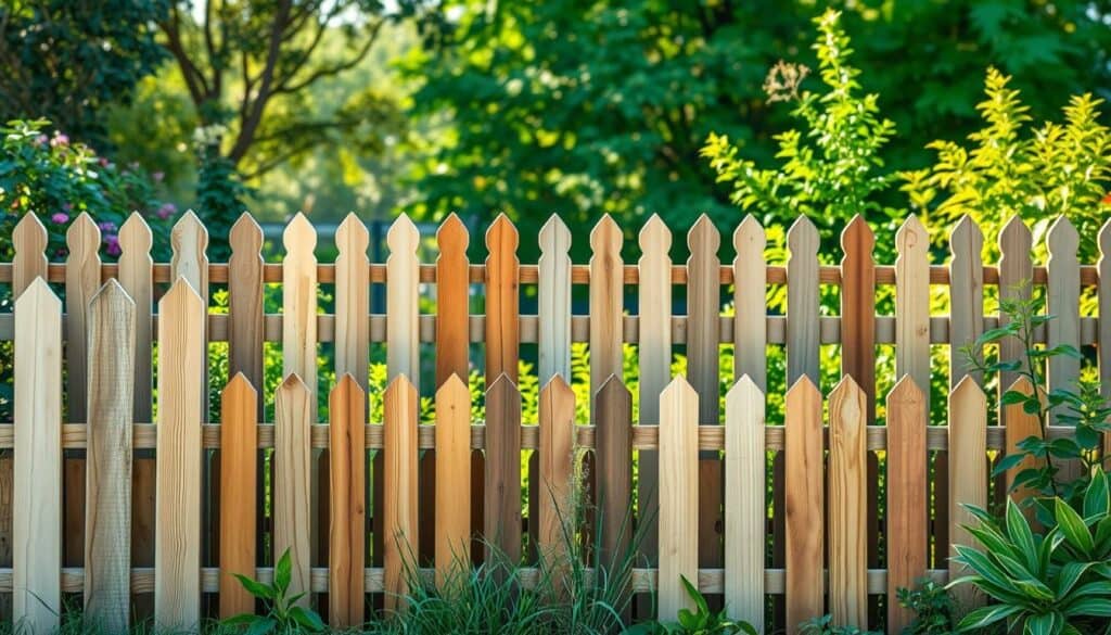 Detailed, high-resolution 4K photographic image of various types of wooden garden fences, showcasing their distinct designs, textures, and construction methods. A central composition highlighting the prominent features and unique characteristics of each fence style, with a natural, lush garden setting in the background providing a cohesive and visually appealing context. The lighting is natural and warm, creating a realistic and inviting atmosphere. The image should convey the beauty, durability, and versatility of these popular wooden fence options. Detailed, high-resolution 4K photographic image of various types of wooden garden fences, showcasing their distinct designs, textures, and construction methods. A central composition highlighting the prominent features and unique characteristics of each fence style, with a natural, lush garden setting in the background providing a cohesive and visually appealing context. The lighting is natural and warm, creating a realistic and inviting atmosphere. The image should convey the beauty, durability, and versatility of these popular wooden fence options.