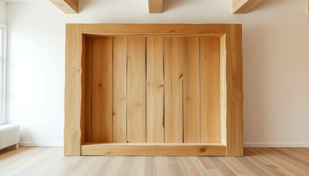 Detailed, high-resolution image of a wooden wall panel frame (Wandpaneele Unterkonstruktion) in a rustic, natural style. The frame is constructed from rough-hewn, unfinished wooden beams with visible knots and grains. The frame is positioned in a well-lit, airy studio space with warm, soft lighting. The background is minimal, allowing the frame to be the primary focus. The overall mood is one of simplicity, craftsmanship, and a connection to nature. Capture the key technical details and construction of the panel frame, as it would be seen in the "DIY-Wandpaneele aus Holz – rustikal & modern kombinieren" article section "Wandpaneele selber machen - Grundtechniken". Detailed, high-resolution image of a wooden wall panel frame (Wandpaneele Unterkonstruktion) in a rustic, natural style. The frame is constructed from rough-hewn, unfinished wooden beams with visible knots and grains. The frame is positioned in a well-lit, airy studio space with warm, soft lighting. The background is minimal, allowing the frame to be the primary focus. The overall mood is one of simplicity, craftsmanship, and a connection to nature. Capture the key technical details and construction of the panel frame, as it would be seen in the "DIY-Wandpaneele aus Holz – rustikal & modern kombinieren" article section "Wandpaneele selber machen - Grundtechniken".