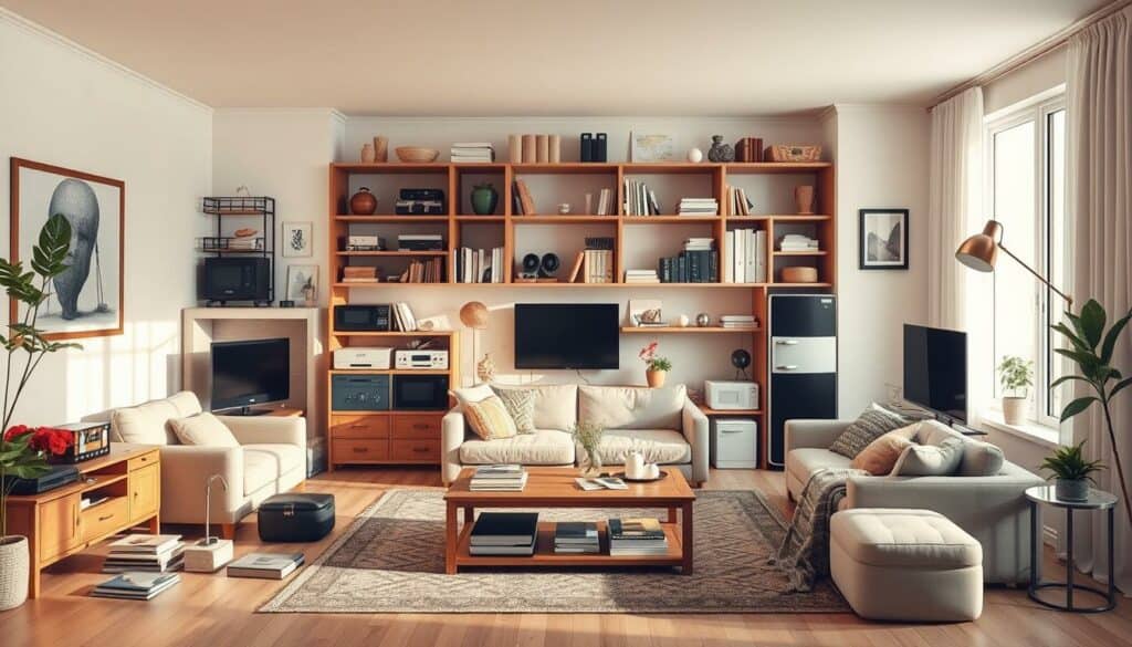 Detailed illustration of home contents insurance coverage. A spacious living room with modern furniture and decor, showcasing the breadth of belongings typically protected by a comprehensive household insurance policy. Soft, natural lighting illuminates the scene, creating a warm and inviting atmosphere. The composition emphasizes the variety of household items, from electronics and appliances to personal possessions and valuables, all neatly arranged to highlight the comprehensive nature of the coverage. The image should convey a sense of security and peace of mind associated with a robust home contents insurance plan. Detailed illustration of home contents insurance coverage. A spacious living room with modern furniture and decor, showcasing the breadth of belongings typically protected by a comprehensive household insurance policy. Soft, natural lighting illuminates the scene, creating a warm and inviting atmosphere. The composition emphasizes the variety of household items, from electronics and appliances to personal possessions and valuables, all neatly arranged to highlight the comprehensive nature of the coverage. The image should convey a sense of security and peace of mind associated with a robust home contents insurance plan.