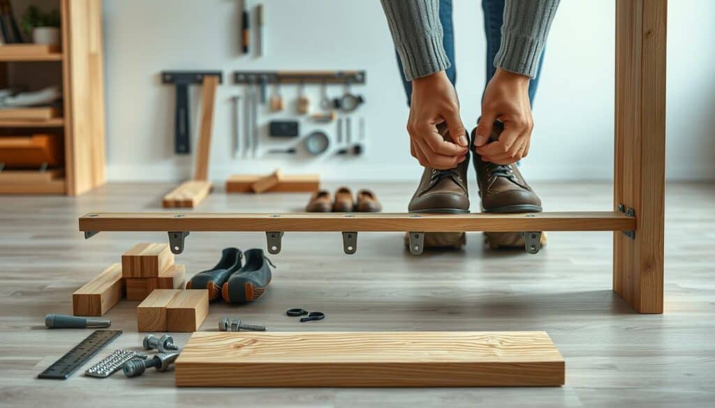Detailed step-by-step guide for a DIY shoe rack, showcasing a realistic, high-resolution, 4K photographic image. The foreground features various components of the shoe rack, such as wooden planks, brackets, and hardware, arranged in an organized manner. The middle ground depicts the assembly process, with hands meticulously putting the pieces together. The background provides a clean, well-lit workspace, highlighting the attention to detail and craftsmanship. The overall mood conveys a sense of focus, precision, and the satisfaction of a successful DIY project.