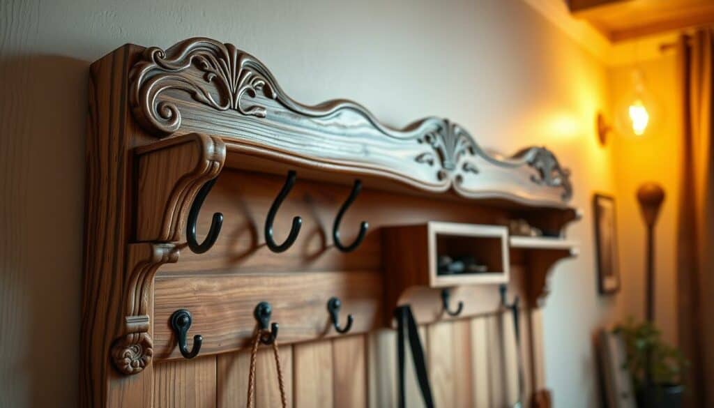 Detailed wooden wall-mounted coat rack with intricate carved designs, natural wood grain, and rustic finish. Hanging hooks and shelves provide ample storage and display space. The rack is positioned in a well-lit room with warm, soft lighting creating a cozy, inviting atmosphere. The overall composition conveys a sense of charm and character, perfectly suited for a creative upcycling project featuring an old door repurposed into a functional and visually appealing piece of furniture.