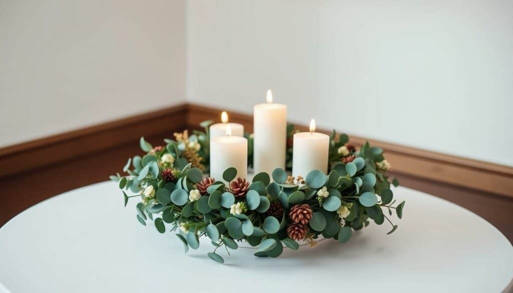 Ein Bild eines modernen Adventskranzes mit Eukalyptus, weißen Kerzen und minimaler Dekoration. Ein Bild eines modernen Adventskranzes mit Eukalyptus, weißen Kerzen und minimaler Dekoration.