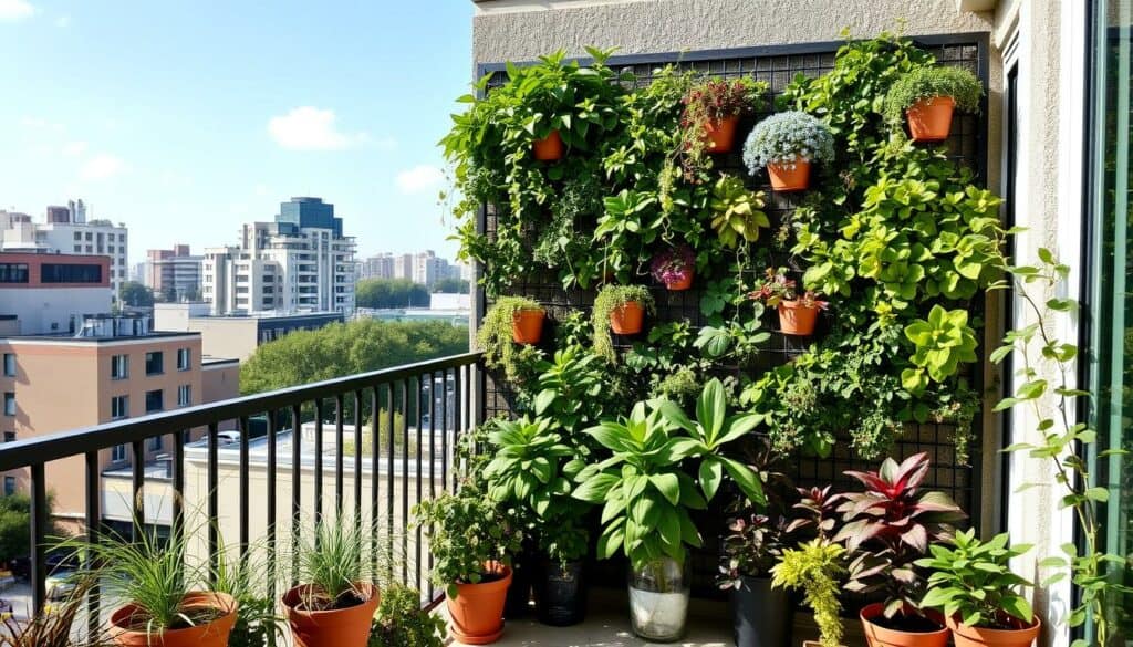 Ein Bild eines vertikalen Gartens auf einem Balkon