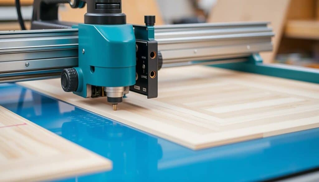 Ein Bild von einem Laminatschneider oder einer Stichsäge bei der Arbeit Ein Bild von einem Laminatschneider oder einer Stichsäge bei der Arbeit