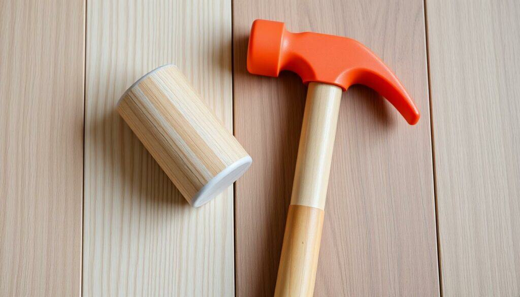 Ein Bild von einem Schlagklotz und einem Gummihammer neben Laminatdielen Ein Bild von einem Schlagklotz und einem Gummihammer neben Laminatdielen