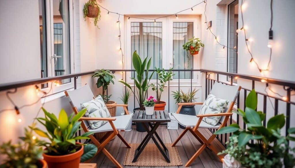 Ein Bild von einem kleinen Balkon mit klappbaren Möbeln