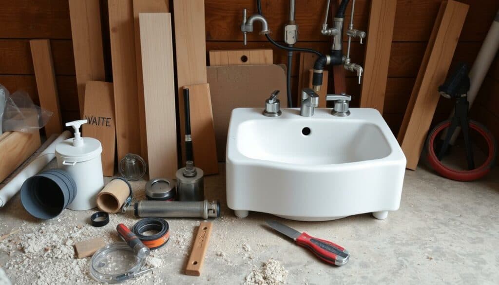 Ein Bild von verschiedenen Materialien und Werkzeugen für den Bau eines Waschtisches Ein Bild von verschiedenen Materialien und Werkzeugen für den Bau eines Waschtisches