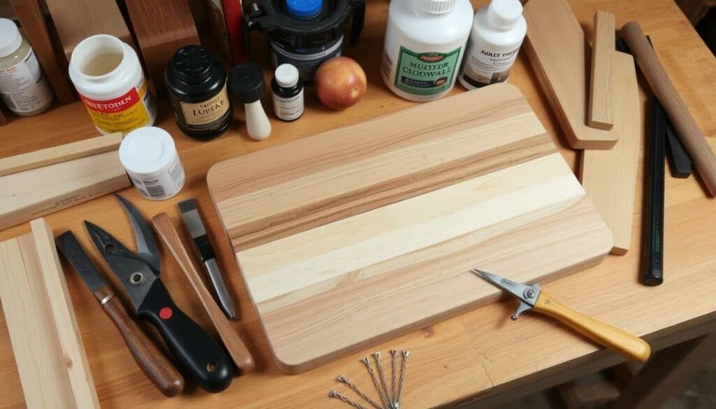 Ein Bild von verschiedenen Werkzeugen und Materialien, die für den Bau eines Schneidebretts benötigt werden. Ein Bild von verschiedenen Werkzeugen und Materialien, die für den Bau eines Schneidebretts benötigt werden.