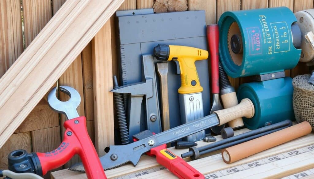 Ein Bild von verschiedenen Werkzeugen und Materialien für den Zaunbau Ein Bild von verschiedenen Werkzeugen und Materialien für den Zaunbau